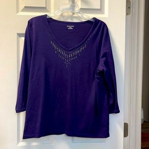 Solid Purple top with embellished design on V-neck